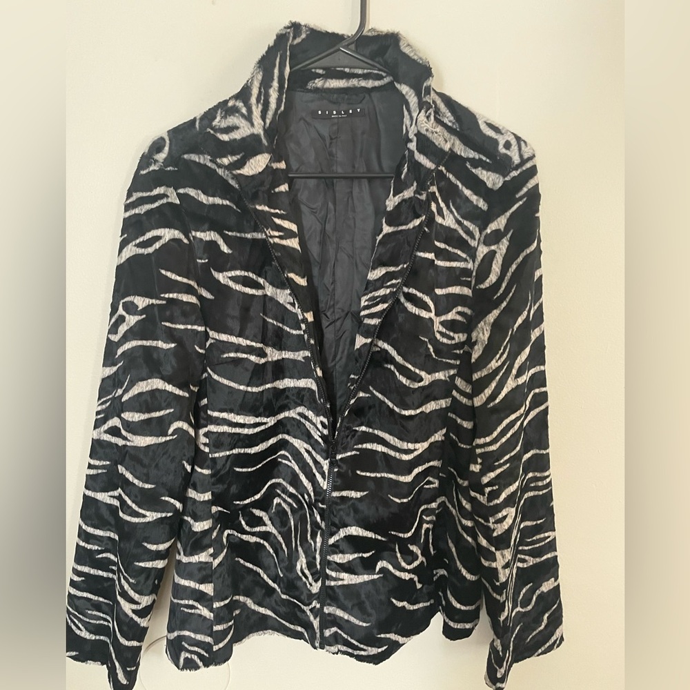 Sisley Animal Print faux fur jacket black cream zip up L large made in Italy